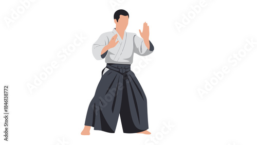 Martial arts practitioner performing a traditional self defense stance in training attire