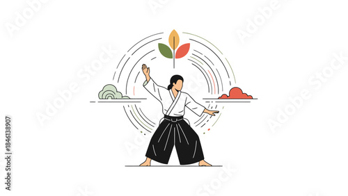 Young martial artist practicing traditional combat stance outdoors with lush greenery