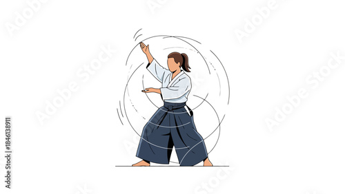 Stylish woman practicing martial arts outdoors with umbrella in hand