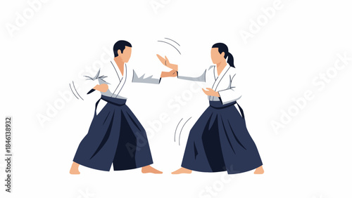 Two martial artists practicing aikido in a dojo with traditional uniforms