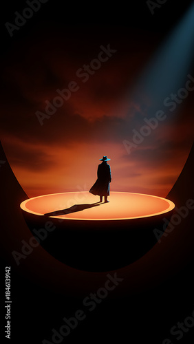 Modern composition. Man on circular glowing stage in warm minimal scene. Concept of leadership, future digital design, finance strategy metaphors, AI , immersive editorial storytelling.Modern business