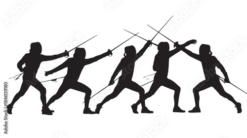 Silhouetted Fencers Engaging in Fencing Combat Isolated on White Background