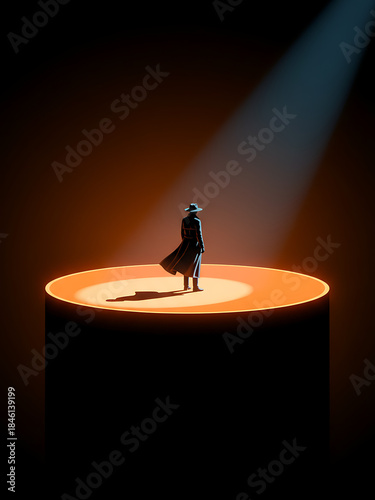Modern composition. Man on circular glowing stage in warm minimal scene. Concept of leadership, future digital design, finance strategy metaphors, AI , immersive editorial storytelling.Modern business