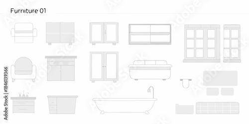 Furniture collection a variety of home furnishings in outlined vector style