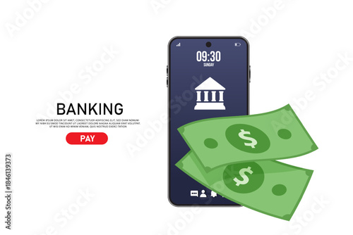 Flat lay of a smartphone with a banking app and two green bills with dollar signs on a white background.