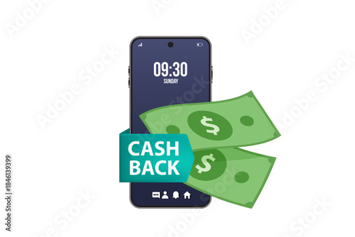 Flat lay of a smartphone with cash back offer and dollar bills on a clean white background.