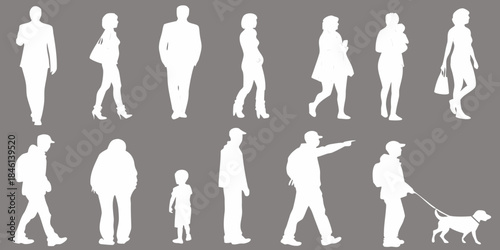 Silhouettes of diverse people and a dog against a gray backdrop