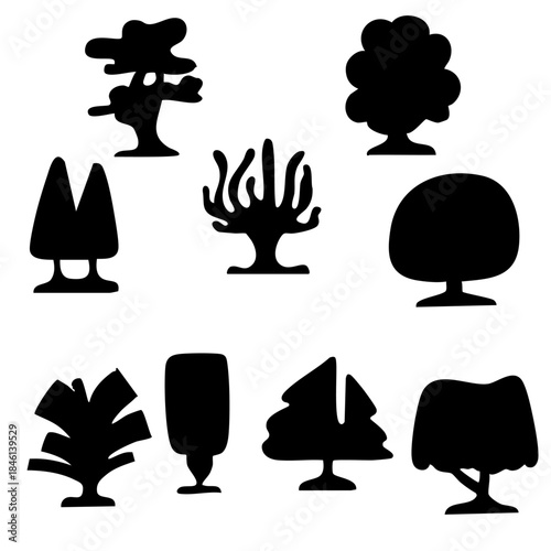 Nine black tree silhouettes, cartoonish and varied, are arranged on a white background, creating a simple, graphic, and playful composition.
