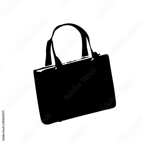 A black silhouette of a tote bag with handles stands angled against a white background, creating a stark, simple, and graphic representation.
