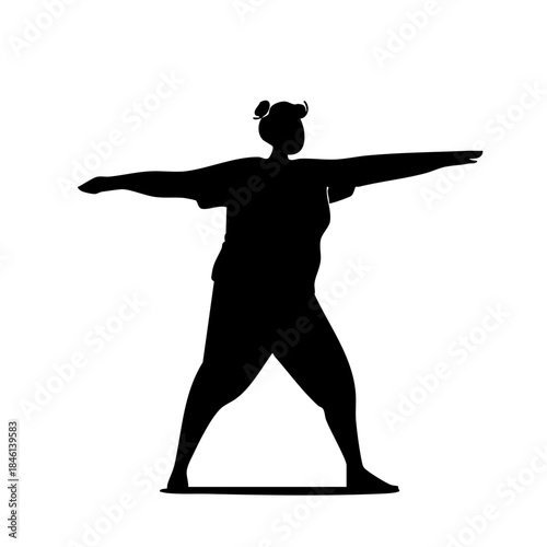 Silhouette of a plus-size woman in warrior two yoga pose, arms extended, against a stark white background, creating a minimalist, empowering ambiance.

