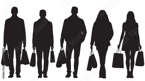 Silhouettes of People Shopping with Bags on White Background