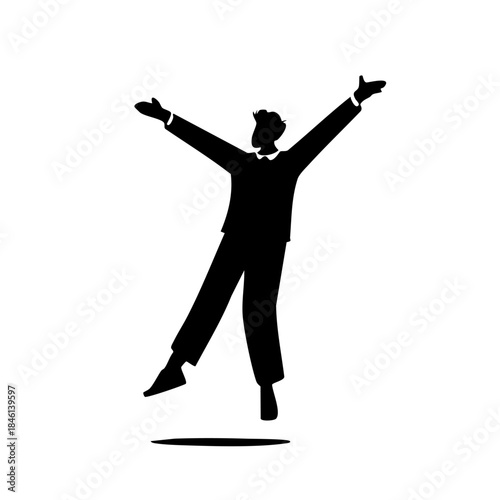 A black silhouette of a man with outstretched arms leaps joyfully against a stark white background, casting a small shadow below, conveying elation.
