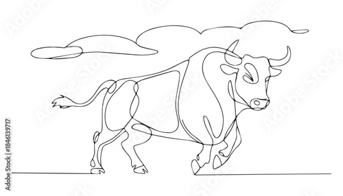 One continuous line illustration of an anger bull , isolated on white background.