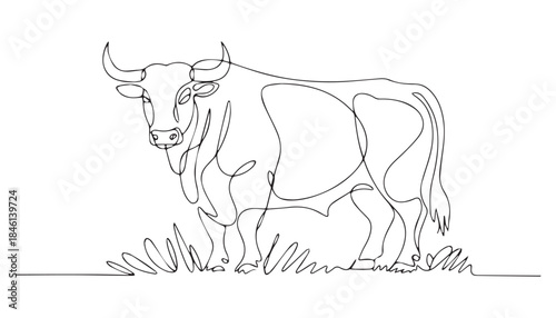 One continuous line illustration of an anger bull , isolated on white background.