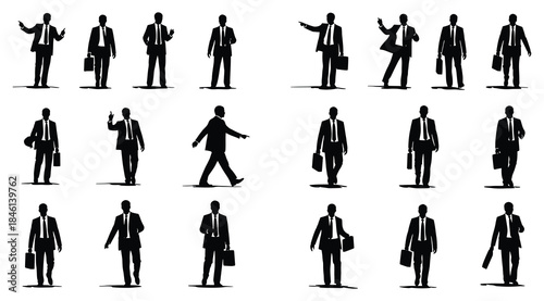 Businessman silhouettes in suit with briefcase, 15 poses showing gestures, walking, standing, and body language, representing corporate communication, office work, leadership, professionalism, and cha