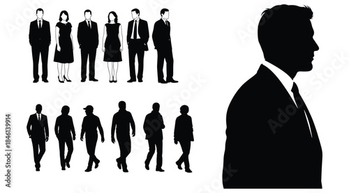 Business silhouettes in corporate attire featuring lineup of standing and walking professionals with large profile figure, symbolizing workplace identity, leadership, teamwork, diversity, and corporat