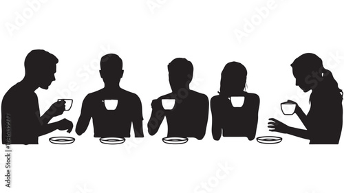 Group of People Drinking Coffee Silhouetted on White Background