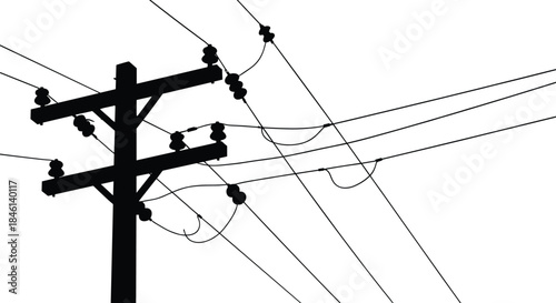 Utility pole silhouette vector, power line infrastructure illustration, crossarm and insulator design, electricity distribution system, energy grid layout, engineering concept