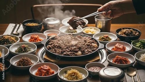 Delicious Korean BBQ Meal with Various Side Dishes and Steaming Hot Meat.