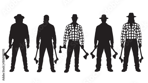 Lumberjack Men Holding Axes in Various Plaid Shirts and Hats Silhouette