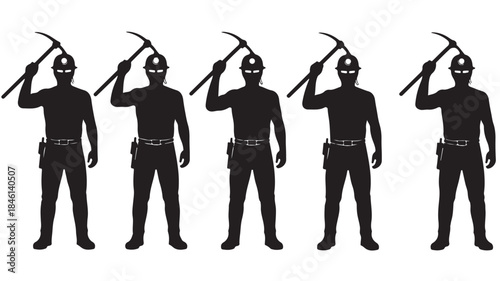 Silhouette Men Wearing Masks and Holding Pickaxes Isolated on White Background