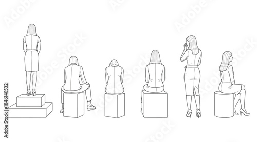 Line drawing of six women in seated and standing poses on pedestals and blocks, featuring crossed legs, hands behind back, thoughtful gestures, and relaxed stances, illustrating posture, anatomy, and 