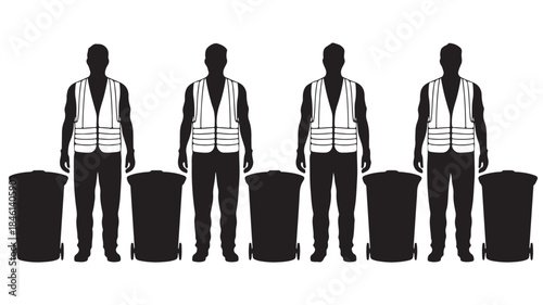 Waste Management Workers Standing with Trash Bins, Silhouettes on White Background