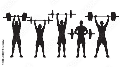 Silhouette Men Lifting Weights in Various Poses Isolated on White