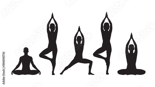 Yoga Silhouettes Practicing Various Poses Isolated on White Background