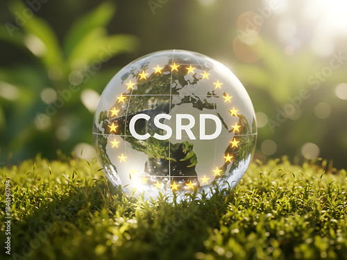 Transparent globe shows EU map, CSRD text. European Union stars circle letters. Rests on vibrant green moss with sunlight bokeh. Represents eco-friendly business, Environmental, Social, and Governance