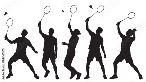 Badminton Players Silhouettes Playing on White Background