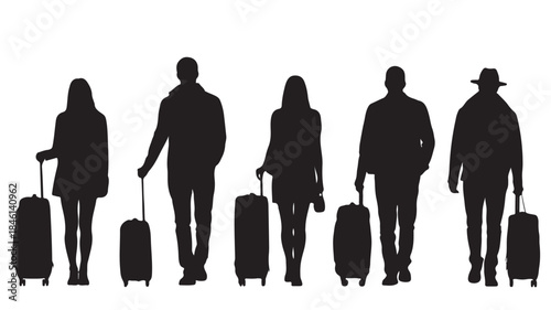 Group of People with Luggage Walking Isolated on White Background