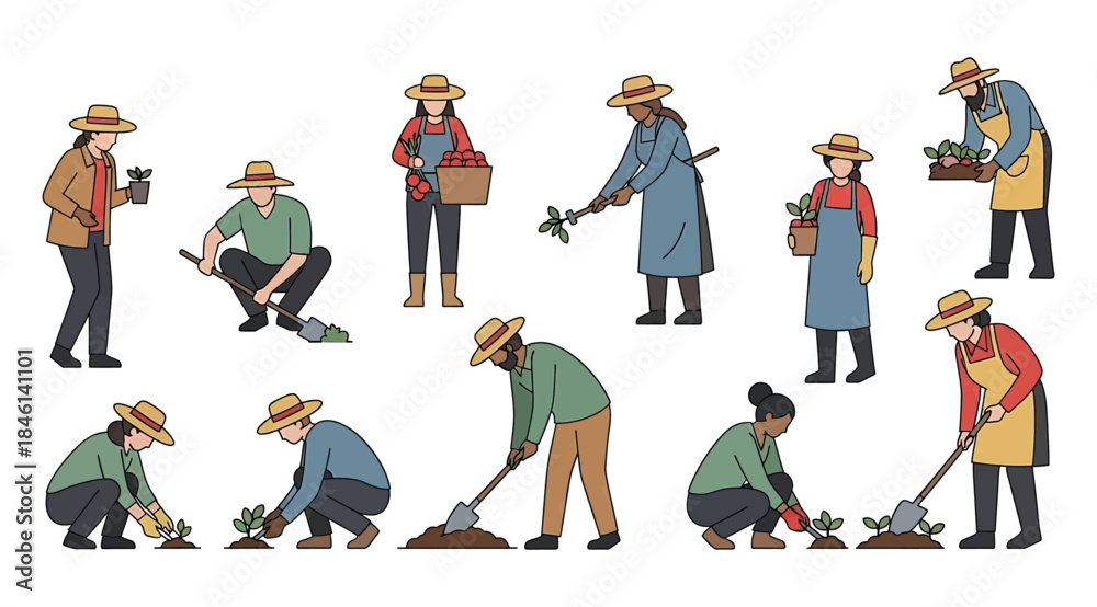 Naklejka premium Illustration of ten individuals engaged in gardening tasks including planting, watering, digging, and carrying plants, symbolizing teamwork, sustainability, outdoor activity, agriculture, and communit