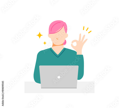 PCとオッケーサインを出しポジティブな私服の女性のイラスト。フラットデザイン。