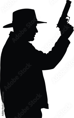 Armed Gangster Silhouette with Fedora Hat and Pistol Isolated on Transparent Background