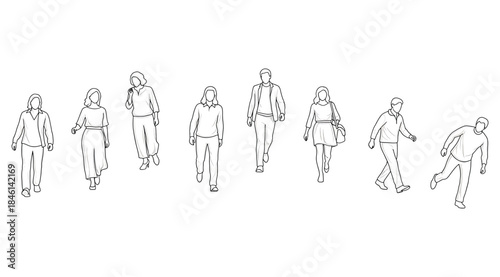 Line drawing sequence of eight figures illustrating stages of human walking cycle, capturing biomechanics of motion with varied arm and leg positions, symbolizing anatomy, animation, sports science, r