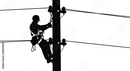 Utility worker climbing pole silhouette, safety gear, electrical maintenance, power lines, black vector, urban grid, helmet harness, insulators, infrastructure repair