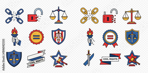 Collection of civil rights and justice icons including broken chains, scales, and torches.