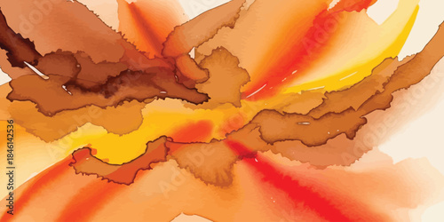 Abstract Warm Watercolor Background with Ink Splashes and Brown Orange Yellow Fluid Art Texture