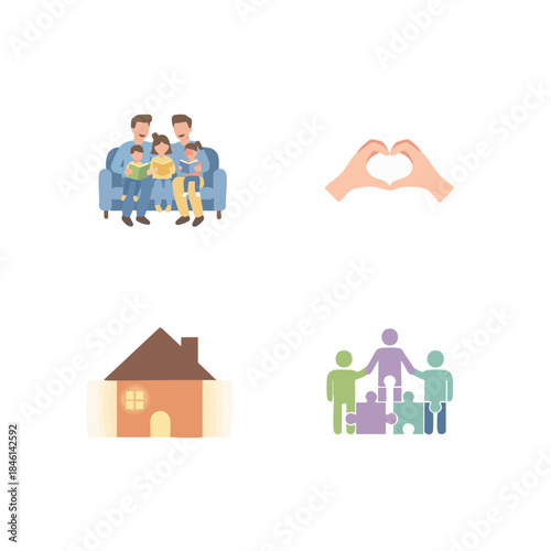 A vibrant set of vector illustrations capturing the essence of human connection family bonds, community support, heartfelt love, and the warmth of home, symbolizing unity and belonging