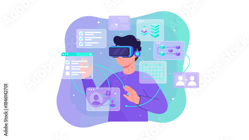 A person wearing a VR headset interacting with virtual screens and data in an immersive digital environment.