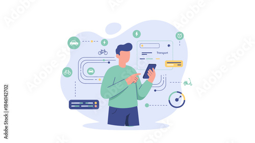 A man using a smartphone application for transport and logistics management, surrounded by various vehicle icons and digital interface elements.