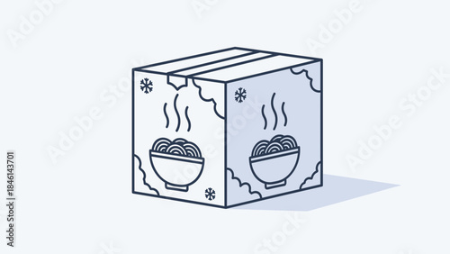 Cardboard Delivery Box with Hot and Cold Food Symbols, Line Art Vector Illustration Isolated
