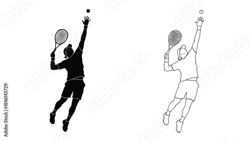 Silhouettes of tennis players in action during a serve or jump shot