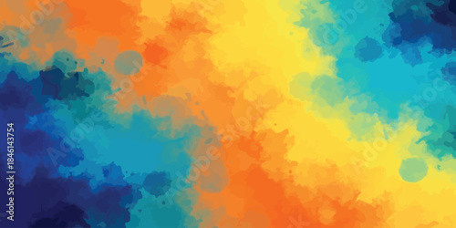 Abstract watercolor background texture vector with vibrant blue orange and yellow color blending paint splashes