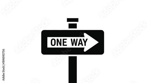 A black and white one way road sign on a white background
