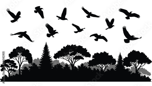 A flock of birds flying over a silhouetted forest landscape