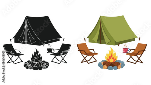 Camping scene with a tent chairs campfire and contrasting color schemes