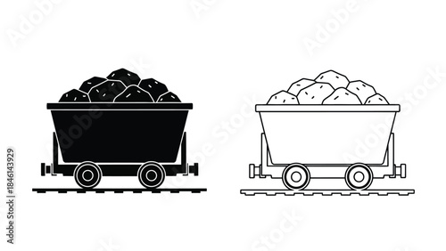 Black and white illustration of a mine cart filled with coal or rocks