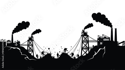 Industrial landscape with factories smoke and silhouetted figures near a cliff